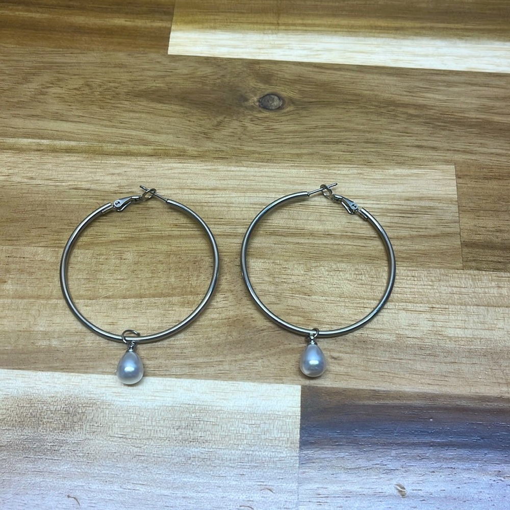 silver hoop earrings with pearl drop charm